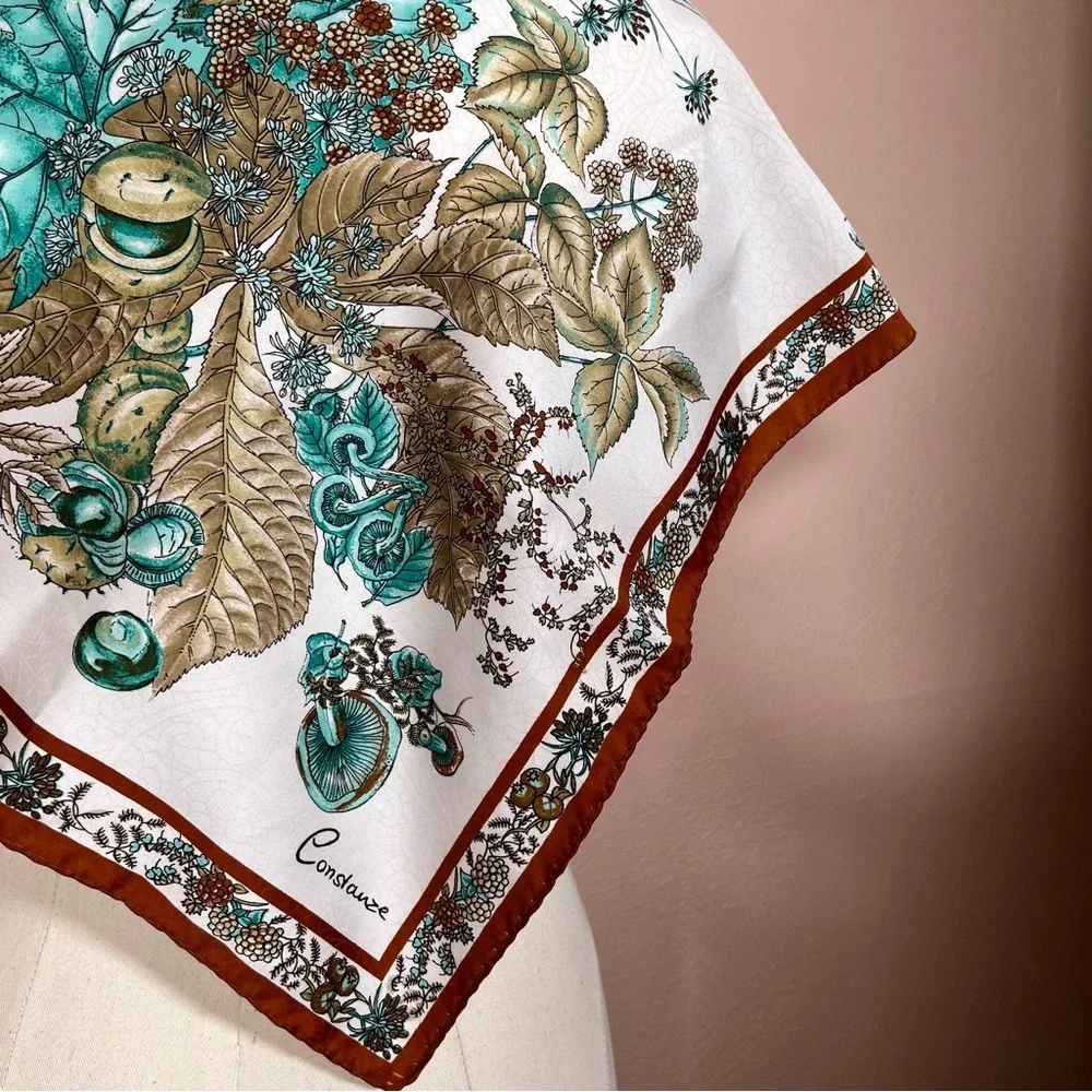 Vintage MCM Constanze  Fairycore Floral Mushroom Rust Aqua Jacquard silk Scarf